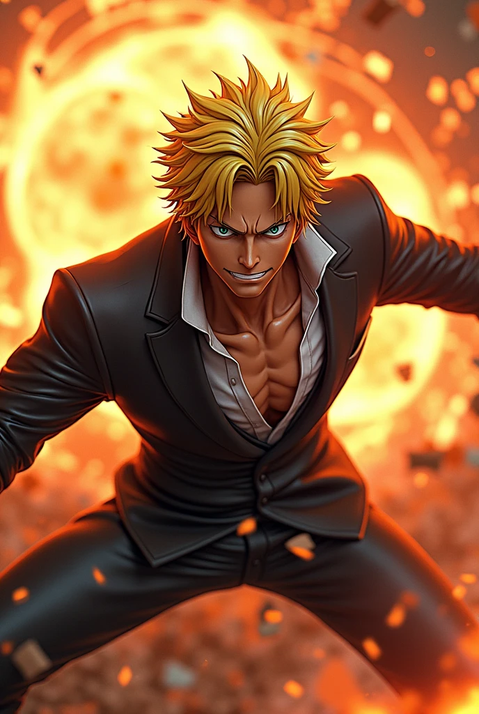 one piece、Sanji、Diable Jump、Poitraine Power Shot、Realistic、Realな絵、Real、delicate、reality、Yellow Hair、One eye is hidden、Black Suit、3D Rendering, movie, movie撮影, Super detailed, Super detailedな, Realistic主義,