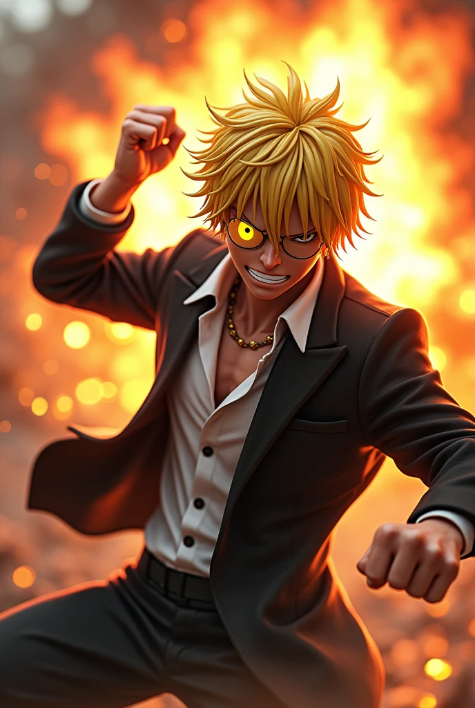 one piece、Sanji、Diable Jump、Poitraine Power Shot、Realistic、Realな絵、Real、delicate、reality、Yellow Hair、One eye is hidden、Black Suit、3D Rendering, movie, movie撮影, Super detailed, Super detailedな, Realistic主義,