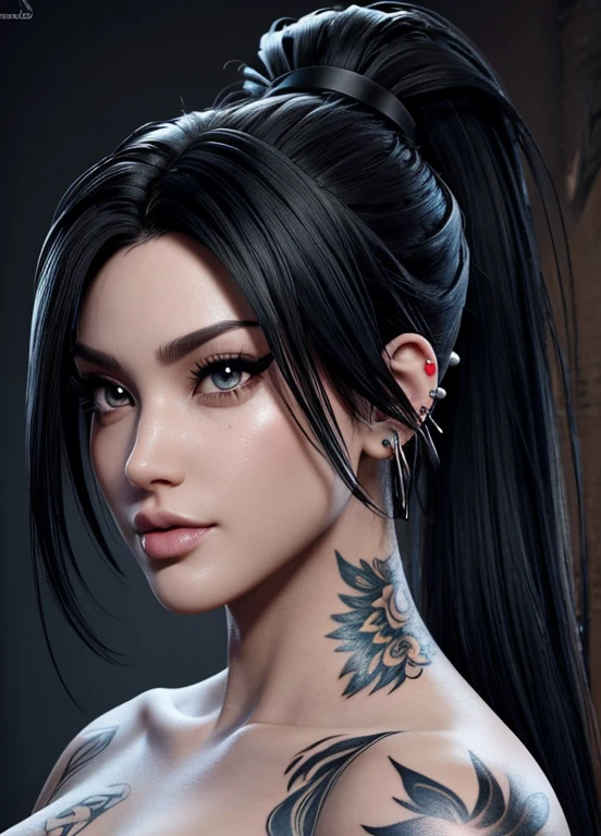 A man and a woman kiss, they are both very sexy and have tattoos and piercings, the woman has long black hair and the man has short white hair which he has tied into a ponytail. 4K,ultraHD,HD,Very detailed,imvu,​masterpiece