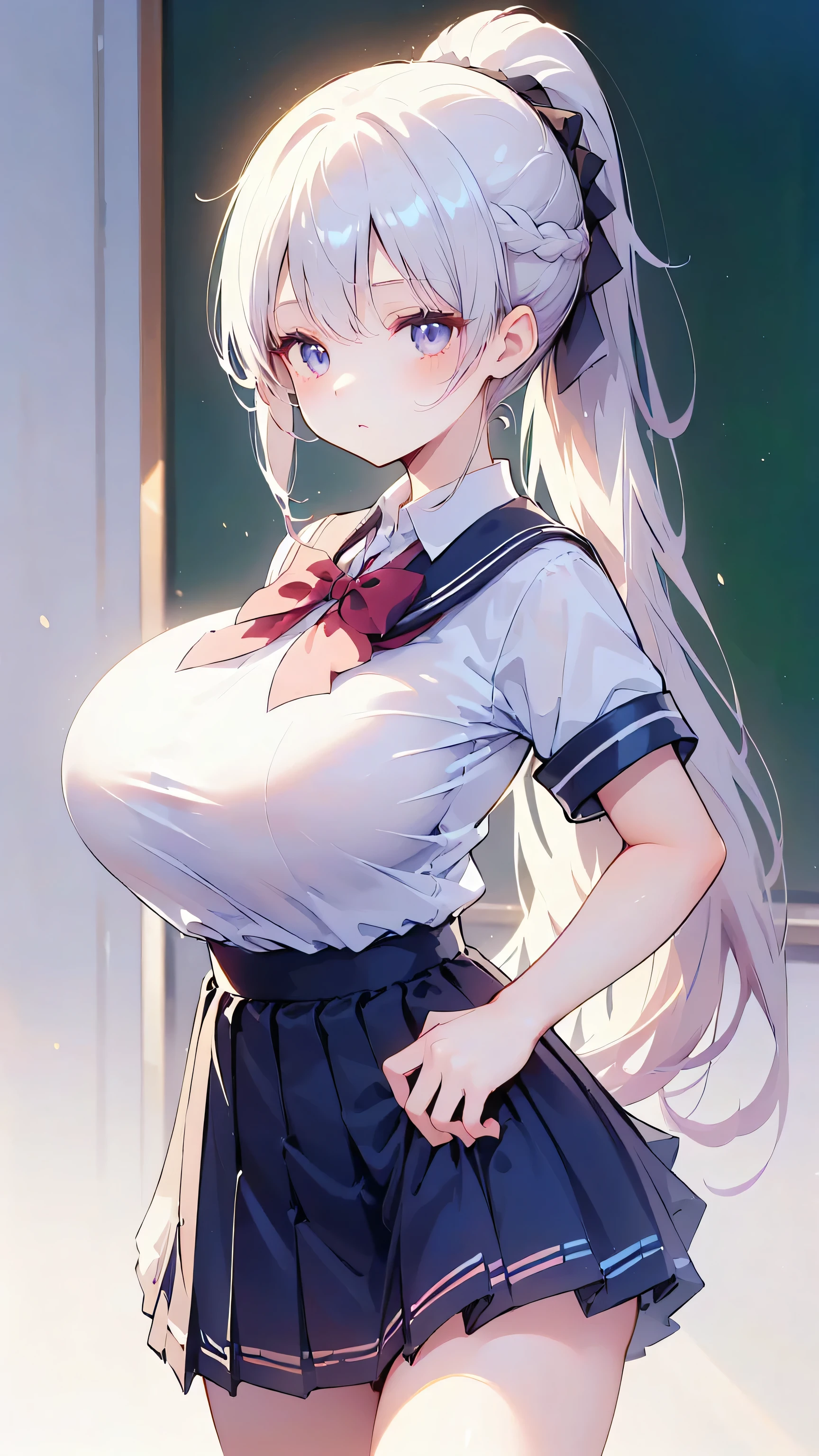 Ultra-high resolution, 8k,high quality,(Ultra-short stature,Gargari body,cowboy shot , ((no hat:1.3))),Slender,Cute hairstyle,(from top),(iridescent light,soft shadow,Anime Painting,thin line drawing),((((super enormous cartoon-like tits,school uniform、from top,ponytail、Girl、)))),