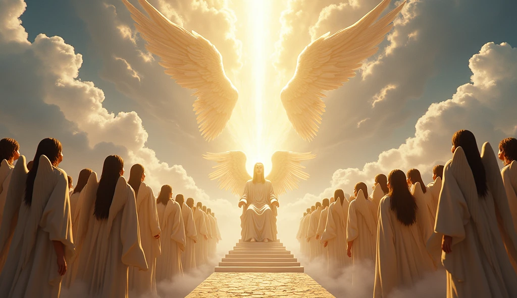 Create a dramatic, realistic scene that depicts a heavenly moment described in Job 1:6. The image must show an assembly of angelic beings, representing the children of God, in an atmosphere of divine light and serenity. At the center, a shining throne symbolizing the presence of the Lord. Ao lado do trono, Satan is represented in an imposing way, but with a sly expression, contrasting with the purity of the angels around him. The scenery should include white clouds and a celestial glow, reflecting the majesty of the sky. The color palette should include golden tones, azuis e brancos, evoking a sense of reverence and mystery.
