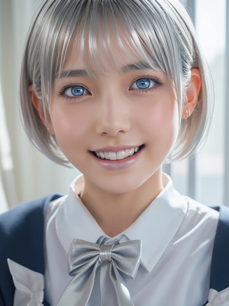 NSFW,(a ultra cute beautiful girl wearing highschool uniform:1.5),(charming smile:1.25),large clear light blue eyes,droppy eyes,balanced eyes,transparent white skin,(silver short hair:1.5),photorealistic, 8k, ultra-detailed, masterpiece, realistic, vivid colors, beautiful detailed eyes, beautiful detailed lips, extremely detailed face, intricate details, hyper realistic, cinematic lighting, dramatic shadows, stunning composition, intense atmosphere, highly detailed skin, exquisite facial features, volumetric lighting, raytraced global illumination, physically-based rendering, professional digital art,high resolution fix,orgasm face