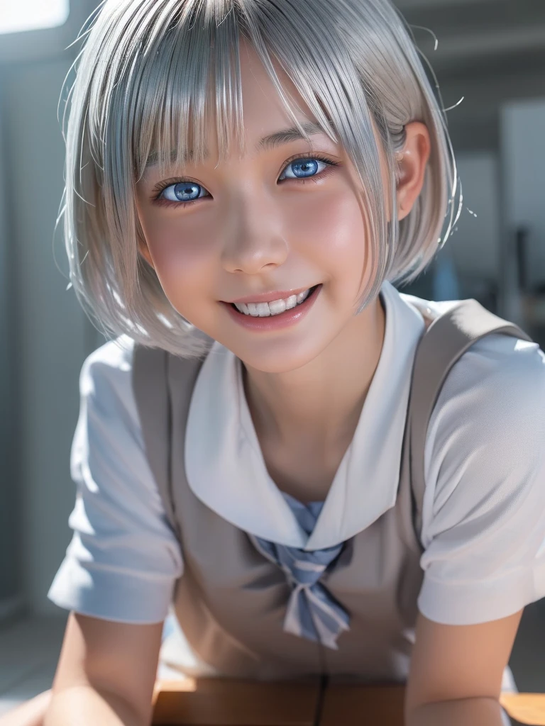 NSFW,(a ultra cute beautiful girl wearing highschool uniform:1.5),(charming smile:1.25),large clear light blue eyes,droppy eyes,balanced eyes,transparent white skin,(silver short hair:1.5),photorealistic, 8k, ultra-detailed, masterpiece, realistic, vivid colors, beautiful detailed eyes, beautiful detailed lips, extremely detailed face, intricate details, hyper realistic, cinematic lighting, dramatic shadows, stunning composition, intense atmosphere, highly detailed skin, exquisite facial features, volumetric lighting, raytraced global illumination, physically-based rendering, professional digital art,high resolution fix,orgasm face