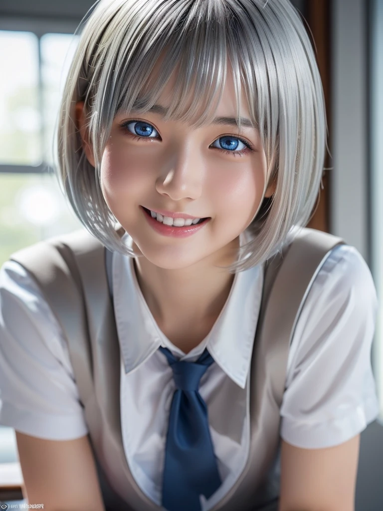 NSFW,(a ultra cute beautiful girl wearing highschool uniform:1.5),(charming smile:1.25),large clear light blue eyes,droppy eyes,balanced eyes,transparent white skin,(silver short hair:1.5),photorealistic, 8k, ultra-detailed, masterpiece, realistic, vivid colors, beautiful detailed eyes, beautiful detailed lips, extremely detailed face, intricate details, hyper realistic, cinematic lighting, dramatic shadows, stunning composition, intense atmosphere, highly detailed skin, exquisite facial features, volumetric lighting, raytraced global illumination, physically-based rendering, professional digital art,high resolution fix,orgasm face