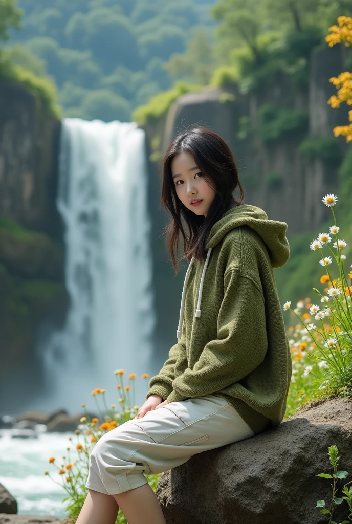 Beautiful Korean girl with white skin. well-groomed face, sitting pose on a rock next to a very large waterfall, dikelilingi bunga kecil berwarna hijau, and big rabbits roam around the flowers, smiled faintly, rambut hitam diikat, wearing an olive green knitted hooded sweatshirt , decorated with rabbit motif , White Cropped Pants with Lots of Pockets, feet dangling into the rushing water , cool watch, the background of the waterfall surrounded by cliffs overgrown with green moss,beautiful flowers and vast mountains. original and realistic photos