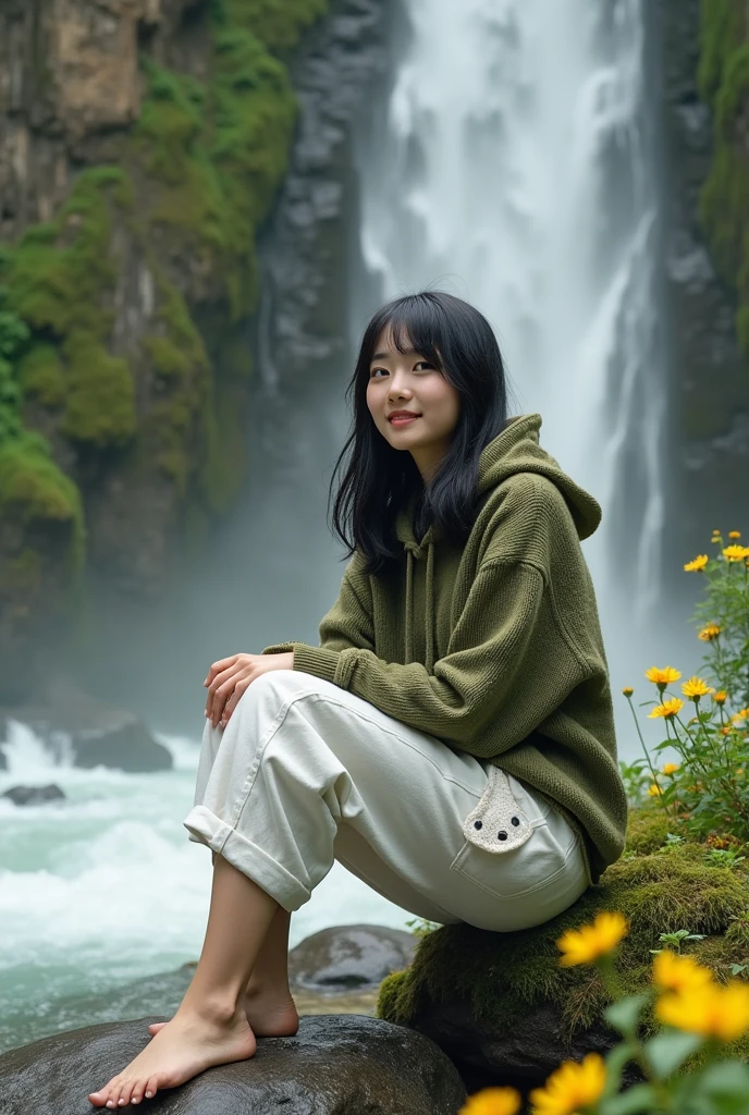 Beautiful Korean girl with white skin. well-groomed face, sitting pose on a rock next to a very large waterfall, dikelilingi bunga kecil berwarna hijau, and big rabbits roam around the flowers, smiled faintly, rambut hitam diikat, wearing an olive green knitted hooded sweatshirt , decorated with rabbit motif , White Cropped Pants with Lots of Pockets, feet dangling into the rushing water , cool watch, the background of the waterfall surrounded by cliffs overgrown with green moss,beautiful flowers and vast mountains. original and realistic photos