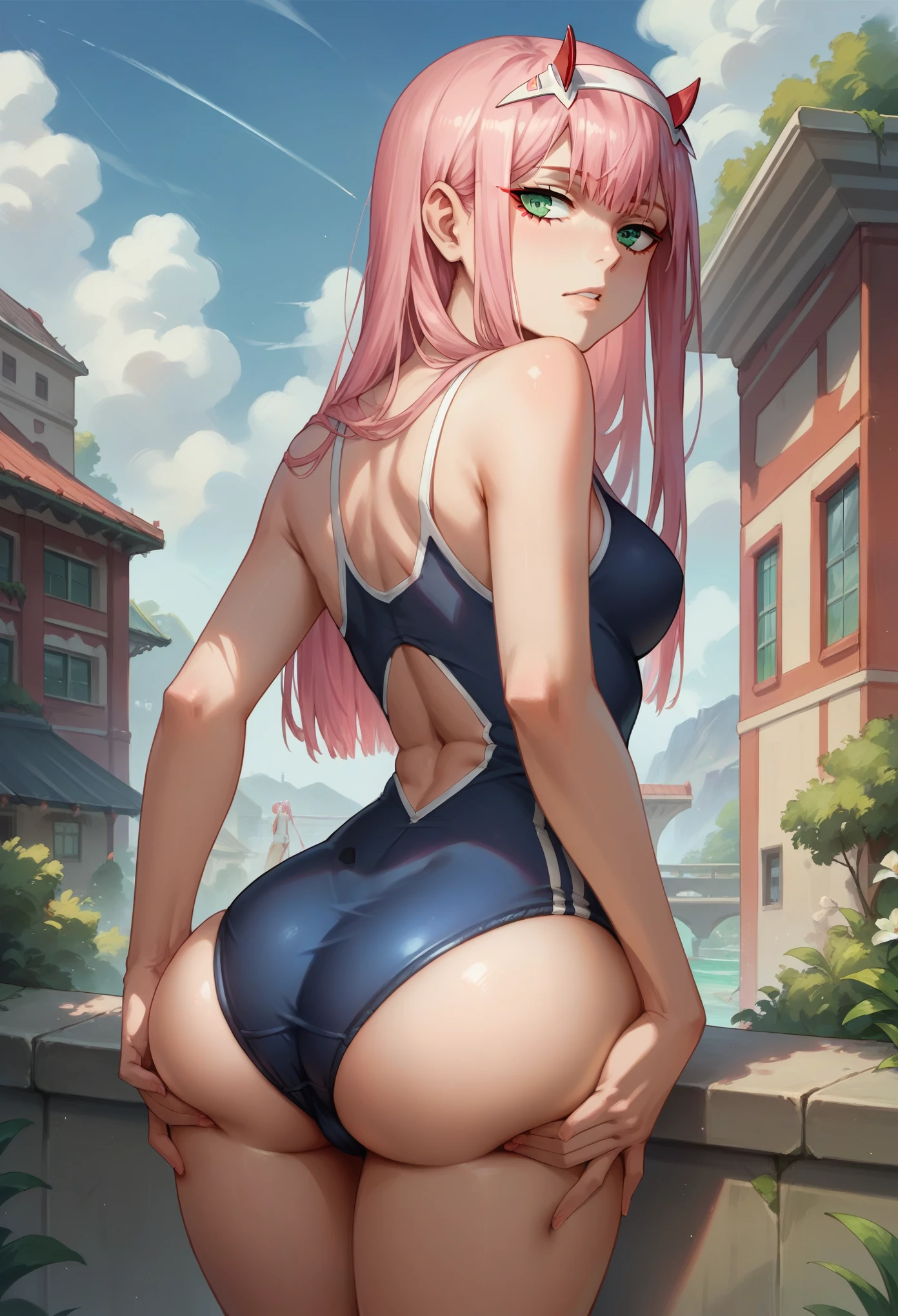 (8K, top-quality, masterpiece:1.2), Super Detail, One girl, (Highly detailed), (beautifully detailed eyes), (of the highest quality), (super detailed ), (masterpiece), (Detailed face), 20yr old, 1 girl, ((pink hair,long hair)), medium breasts, clothed, Perfect Lighting, BREAK, (navy blue school swimsuit:1.5), (Swimsuit:1.4), (white line on chest and butt:1.4), (glossy suimsuit:1.4), (school name or class name on front:1.3), (white star on left breast:1.3), BRAKE, (camera angle from below:1.2), (smiling with teeth:1.3), (pulling swimsuit on chest and butt:1.4), (right leg forward:1.2), (school pool with blue water:1.3), (bright sunlight:1.4)
