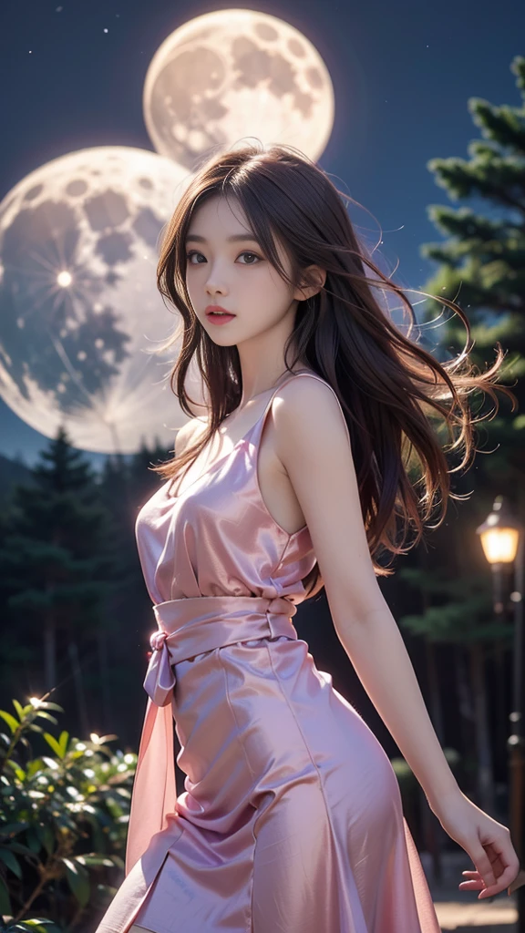 ulzzang-6500-v1.1, (RAW photo: 1.2), (Real photo), (Real photo: 1.4), 1 girl、Perfect anatomy、1、Looking at the camera、Medium length hair、purple party dress, on the pine hill at night, with stars and moon, ((on the pine hill at night: 1.1))、(Business service)、Asian eyes Ella,
