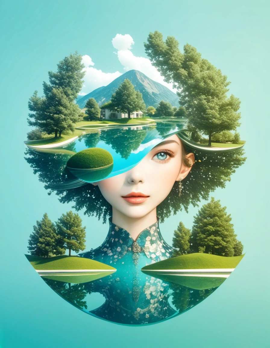 Minimalist composition лазурный чистый воды пруд ,Mirror reflection of trees and water,Surrealism,clean background,Cinema4D Rendering Style,Minimalist composition,azure pond,Mirror reflection of colors ,Surrealism,clean background,Cinema4D Rendering Style,photo with major changes, 8 K, 12K,