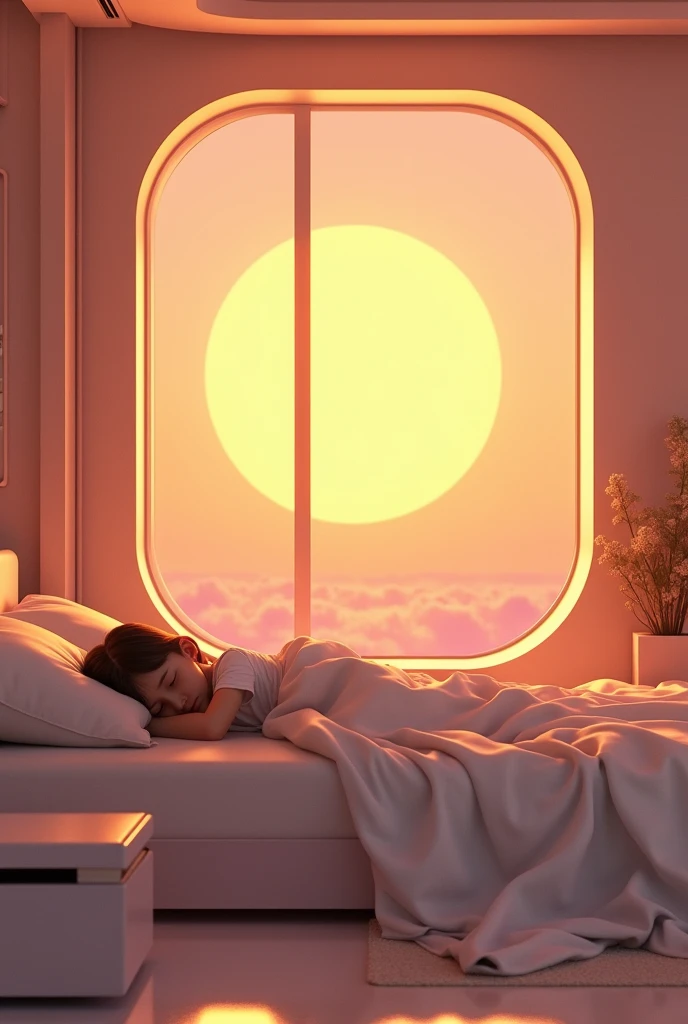 Make a futuristic room with a large window, facing the full yellow moon brightening, the room with a bed, and a sleeping girl, pastel color, 8k