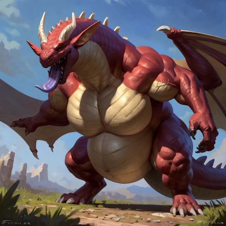 Detailed painting, by Taran Fiddler, closeup, outlook view, wide angle, dragoness, full body, feral, dainty, friendly, colorful, rounded snout, wings, pregnant-like belly, round belly, dominant belly, huge belly, bloated belly, big muscles, wide body, thick body muscles, powerfull muscles, beefy muscles, thick neck, long tongue, tongue out, open mouth, saliva, hungry, voracious, glutonous, tall, enormous, giant, gigantic, colosssal size, gargantuan, kaiju, powerfull look, badass look, looking at viewer
