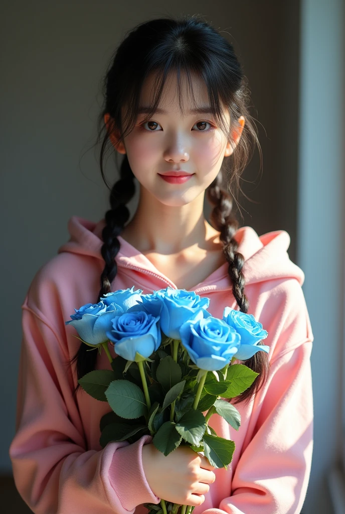 A female student holds a bouquet of blue roses at chest level, unbuttoned on the top of the collar, wearing a pink hoodie, with a frontal face, two braids, smiling with no teeth showing, the light shines directly into her face.