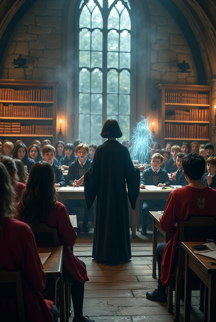 Charms classroom with students in Hogwarts uniform, a short black haired witch teacher with wand in hand and a male assistant ghost