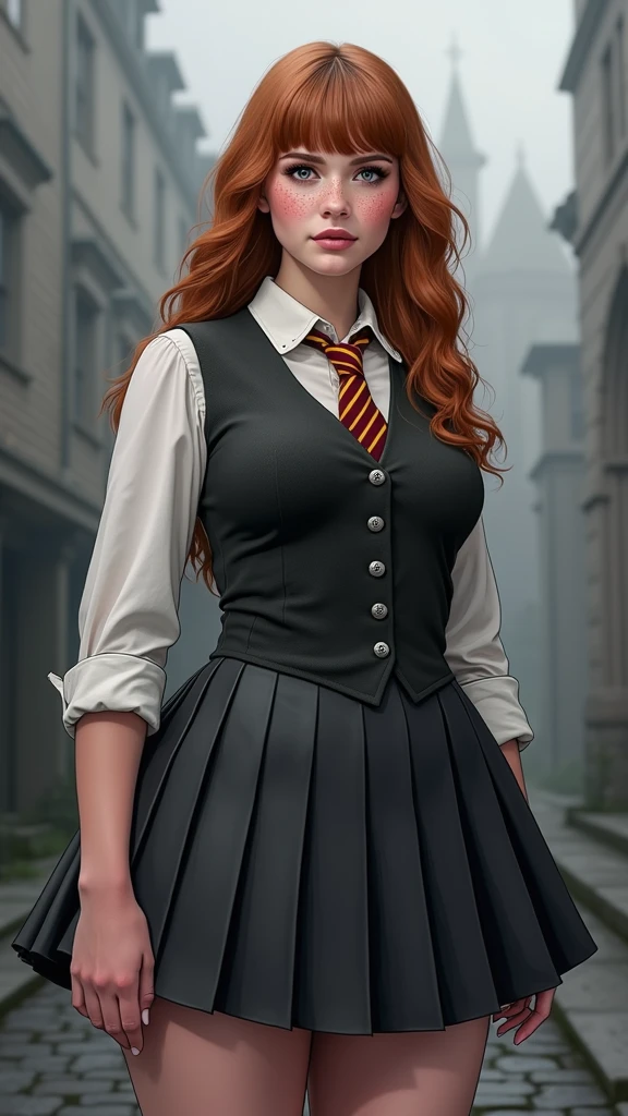 An illustrated movie poster, hand-drawn, full color, a teenage Hogwarts student, 18-years-old, female, wearing a charcoal vest and a pleated skirt, athletic hourglass figure, full wide hips, massive round butt, long shapely legs, ridiculously thick powerful thighs, vibrant eyes, deep dark auburn hair, thick shaggy bangs, flushed sun-kissed complexion, freckles, resembles Genevieve O'Reilly, standing in a foggy Hogwarts courtyard, surrounded by mist, graphite shading, stencil marks, airbrushed acrylic paint, masterpiece, close-up shot, in the style of the Deathly Hallows, high quality, (RAW photo, best quality), (realistic, photorealistic: 1.4), (extremely delicate and beautiful: 1.4), amazing, fine details, masterpiece, ultra detailed, high resolution, best illustration, best shadow, intricate, ( extremely intricate: 1.2), (exquisitely detailed skin), cinematic light, perfect anatomy, (cool color: 1.4), sharp focus, 8k UHD, DSLR, (Fujifilm XT3),(iluminación cinematográfica :1.4) 