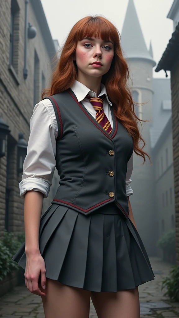 An illustrated movie poster, hand-drawn, full color, a teenage Hogwarts student, 18-years-old, female, wearing a charcoal vest and a pleated skirt, athletic hourglass figure, full wide hips, massive round butt, long shapely legs, ridiculously thick powerful thighs, vibrant eyes, deep dark auburn hair, thick shaggy bangs, flushed sun-kissed complexion, freckles, resembles Genevieve O'Reilly, standing in a foggy Hogwarts courtyard, surrounded by mist, graphite shading, stencil marks, airbrushed acrylic paint, masterpiece, close-up shot, in the style of the Deathly Hallows, high quality, (RAW photo, best quality), (realistic, photorealistic: 1.4), (extremely delicate and beautiful: 1.4), amazing, fine details, masterpiece, ultra detailed, high resolution, best illustration, best shadow, intricate, ( extremely intricate: 1.2), (exquisitely detailed skin), cinematic light, perfect anatomy, (cool color: 1.4), sharp focus, 8k UHD, DSLR, (Fujifilm XT3),(iluminación cinematográfica :1.4) 