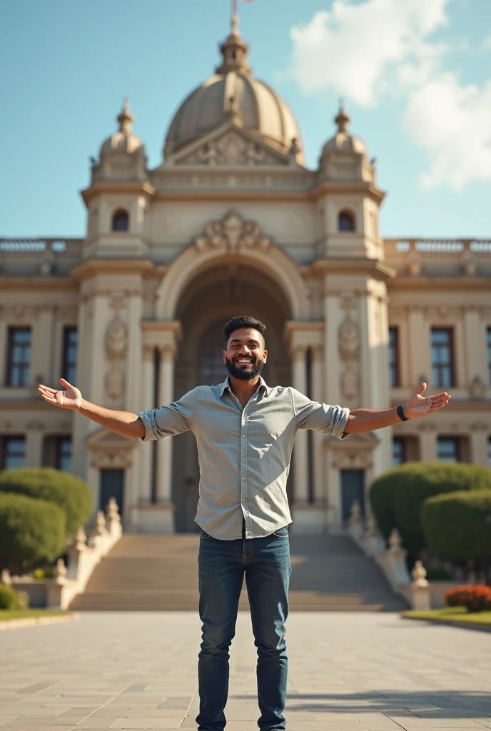 There is a young bearded Puerto Rican man with a shirt and tennis shoes standing in front of a large building, peru, royal Palace, parliament, peruvian, peruvian looking, proportionate, Julia Fontes, Palace, quito school, an intermediate front shot, monumental giant Palace, Mexico City, freddy mamani wild facade, jorge lacera, Gita, chilean, Refik Anadol, central shot, man with open arms smiling.