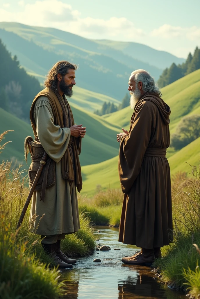 (Photorealism:1.2), a shepherd talking to a monk