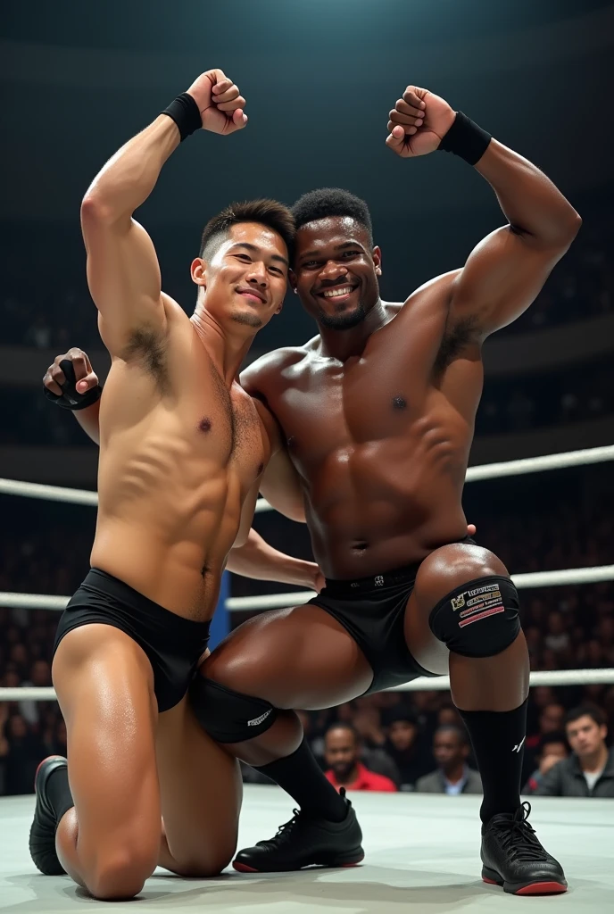 A young Japanese professional wrestler A and a senior Japanese professional wrestler B are in the ring.。They are on the same team。
A is buzzcut and muscular、Wearing short tights。Sweaty。
B is short-haired, muscular, and dark-skinned、Wearing short tights。
A and B put one knee on the ring, raise their arms and strike a macho pose.。
Fujifilm, look up,