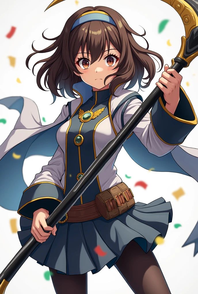 (photorealism:1.2) girl with medium hair,somewhat wavy brown,He wears a hero costume and is in an equipped pose holding his moon-themed scythe.,image style Boku no hero academia