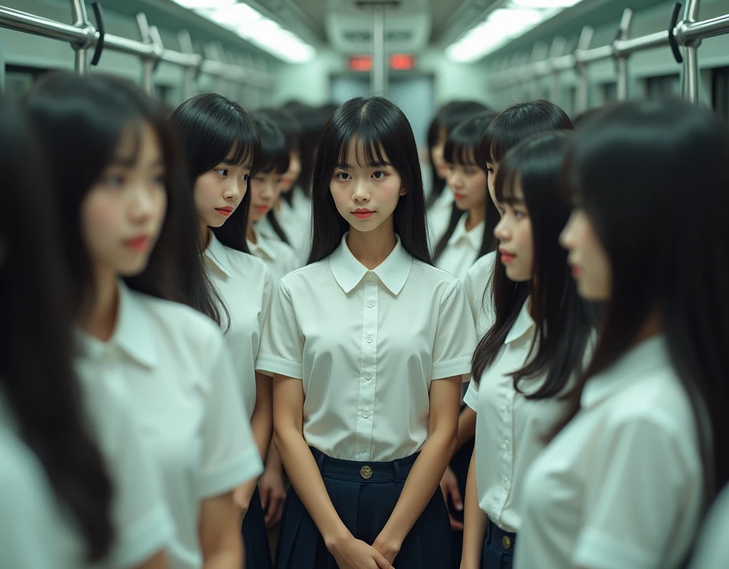 (Japanese Clone-girls=Myself), (Super Best masterpiece Clone-girls Raw Photography Art), (16K, Highest quality, Ultra-high resolution, RAW Photos), (It&#39;s so unrealistic., With unparalleled depiction, With an unfathomable sight, An unprecedented and shocking worldview, Clone-girls: In a world of mass reproduction, Ultra-realistic depiction), (Japanese Girls, Hamabe-Minami, 18yo), (Small face, Thick black hair, long hair, Dark Eyes, Mature face, Cute Smile, Smiling face, A gentle gaze), (Very pleasant look), (Very beautiful and detailed girl, Accurate body structure, Accurate body movements, Very detailed body), (Super big breasts, Large bulge of ample breasts), (high school girl, White shirt, Short skirt, hour々I can see your pants, Cleavage Emphasis, Emphasise the fullness of your breasts), (Very detailed, Myself cloning, Depiction of splitting oneself, 1Myself girl→1,000,000,000,000,000,000,000,000,000,000Myself cloning girls), (Myself clone girlsは, With the same perfect appearance, to multiply in large numbers), (Very detailed depiction, Myself&#39;s multiplying female body, In the same female body,With the same face, With the same hairstyle, In the same clothes, At the same height, 同じSuper big breastsで, A completely indistinguishable female body, 1,000,000,000,000,000,000,000,000,000,000 people), (Myself girls only), (1,000,000,000,000,000,000,000,000,000,000Myself girls))))), In a crowded train, Myself in the crowd, Physical contact, Happy smile, No front shot