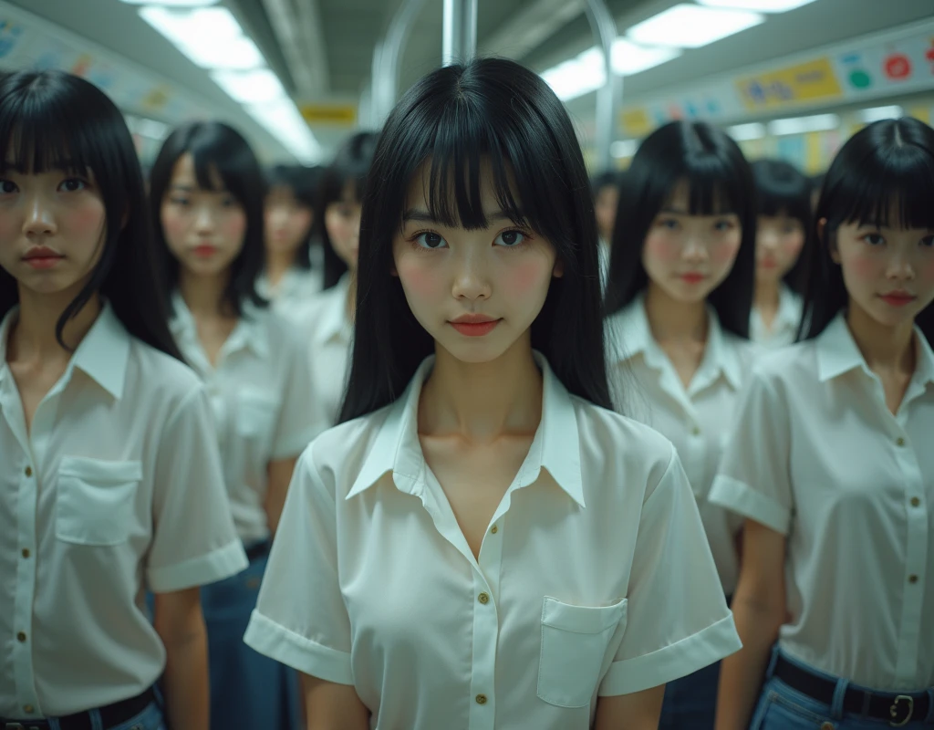 (Japanese Clone-girls=Myself), (Super Best masterpiece Clone-girls Raw Photography Art), (16K, Highest quality, Ultra-high resolution, RAW Photos), (It's so unrealistic., With unparalleled depiction, With an unfathomable sight, An unprecedented and shocking worldview, Clone-girls: In a world of mass reproduction, Ultra-realistic depiction), (Japanese Girls, Hamabe-Minami, 18yo), (Small face, Thick black hair, long hair, Dark Eyes, Mature face, Cute Smile, Smiling face, A gentle gaze), (Very pleasant look), (Very beautiful and detailed girl, Accurate body structure, Accurate body movements, Very detailed body), (Super big breasts, Large bulge of ample breasts), (high school girl, White shirt, Short skirt, hour々I can see your pants, Cleavage Emphasis, Emphasise the fullness of your breasts), (Very detailed, Myself cloning, Depiction of splitting oneself, 1Myself girl→1,000,000,000,000,000,000,000,000,000,000Myself cloning girls), (Myself clone girlsは, With the same perfect appearance, to multiply in large numbers), (Very detailed depiction, Myself's multiplying female body, In the same female body,With the same face, With the same hairstyle, In the same clothes, At the same height, 同じSuper big breastsで, A completely indistinguishable female body, 1,000,000,000,000,000,000,000,000,000,000 people), (Myself girls only), (1,000,000,000,000,000,000,000,000,000,000Myself girls))))), In a crowded train, Myself in the crowd, Physical contact, Happy smile, No front shot