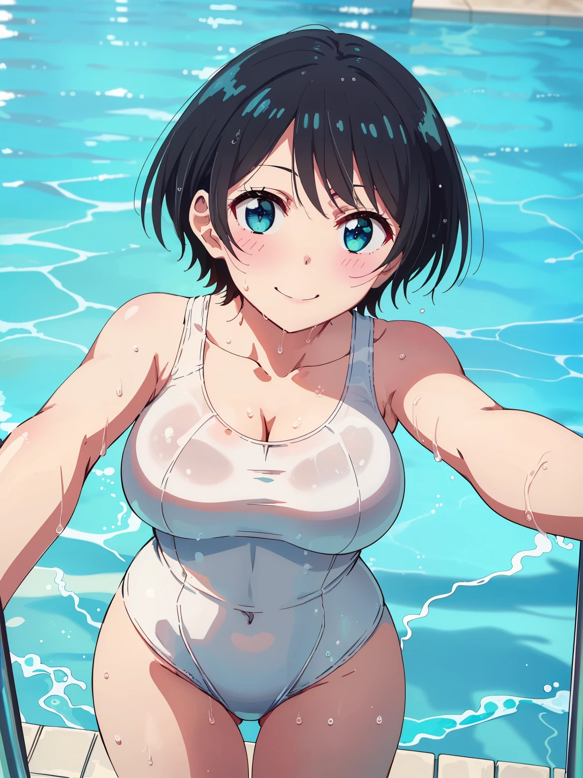 ((Highest quality, High resolution,  Pixel perfect,  4K)),  (Beautiful Anime), Written boundary depth、
Observe the audience, 
Perfect body, 

ruka sarashinai, (Big Breasts:1.3)、 short hair, 

smile、

School Swimsuit、(White swimsuit:1.5)、
School swimming pool、Outdoor swimming pool、

Wet Hair、
Selfie、From above、Cleavage、