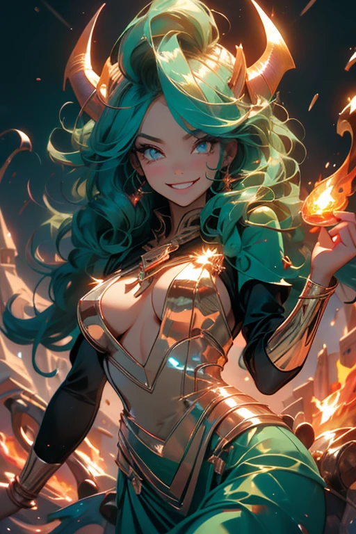 Perfect face. Perfect hands. A teal haired woman with golden eyes and an hourglass figure with golden horns in a golden gown is smiling while playing with golden fire in a landscape of brimstone