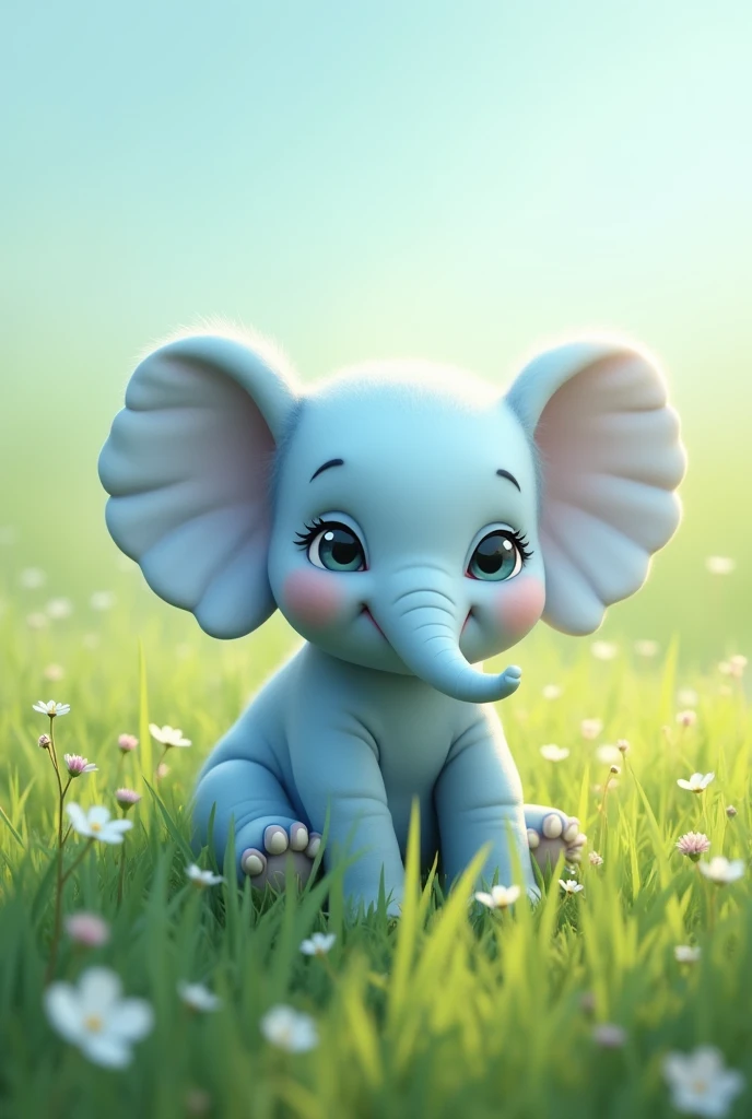 light blue baby elephant in a field