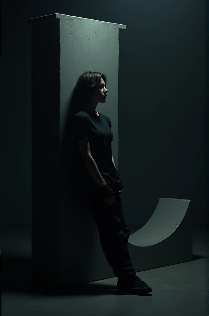 A person leaning on a large letter ‘L’ in a dark room, wearing black clothing, with moody lighting and soft shadows.”