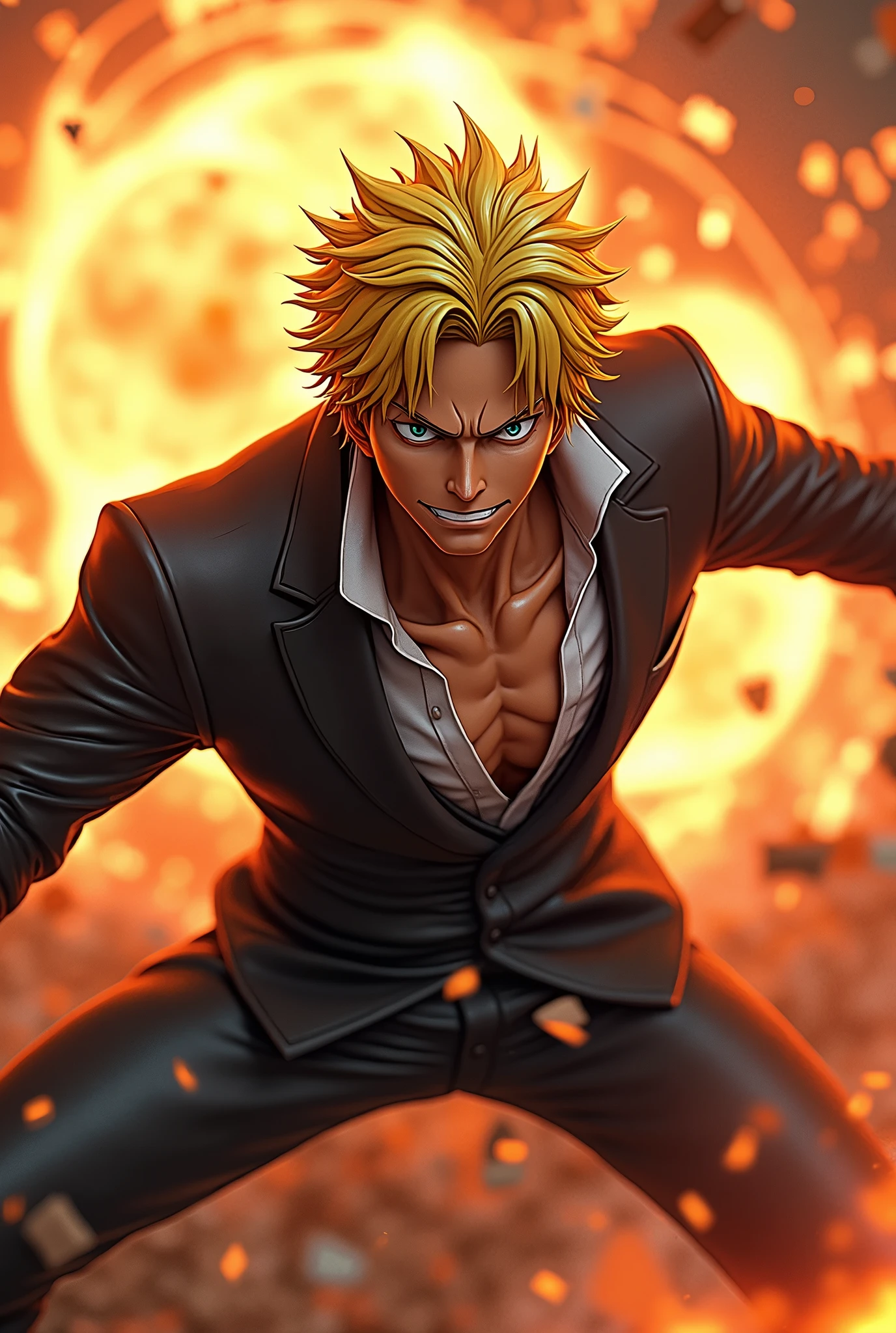 one piece、Sanji、Diable Jump、Poitraine Power Shot、Realistic、Realistic pictures、Real、delicate、reality、Yellow Hair、One eye is hidden、Black Suit、3D Rendering, movie, Movie shooting, Super detailed, Super detailedな, Realism,