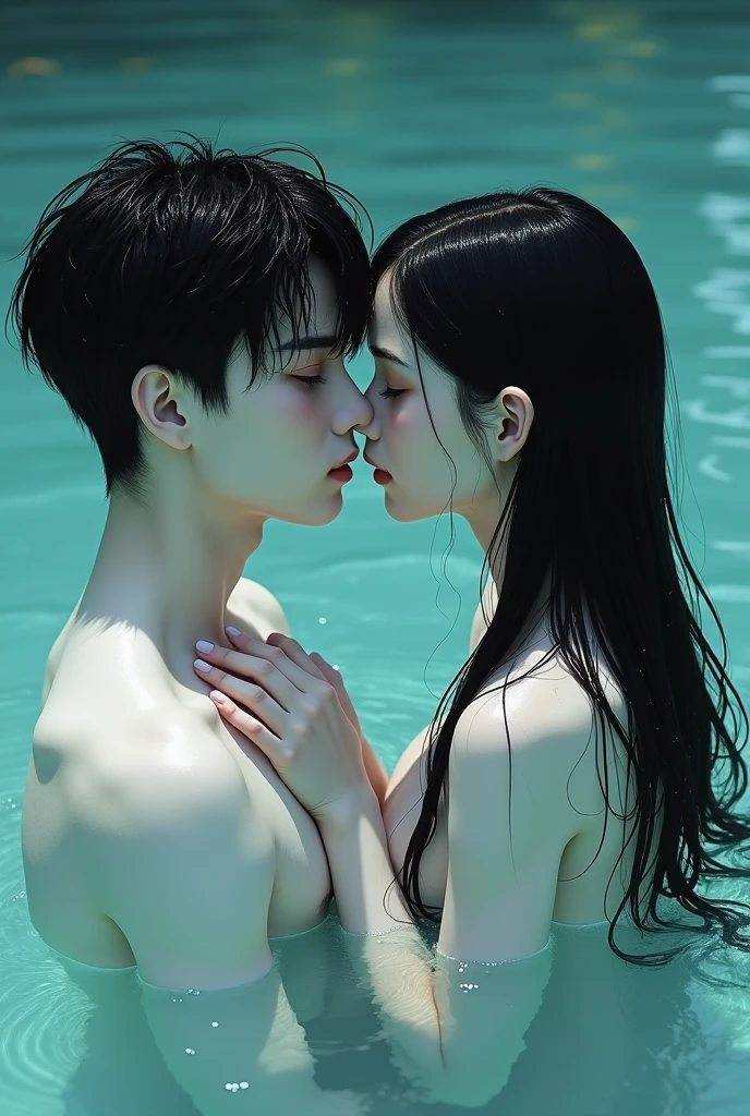 A lake with crystal-clear waters from its depths emerges a white-skinned boy, DARK hair, Grey eyes and a deep and enigmatic look. His facial features are defined, with a defined jaw and high cheekbones, Drops of water slide from her hair and she has a mischievous expression, In front of him is a girl with long hair, black and looks wet as it is also inside the lake, Her skin is white and her face is asymmetrical and perfect., Her arms are over her chest trying to hide them, captures the essence of a somewhat intimate scene within the lake, Real photo