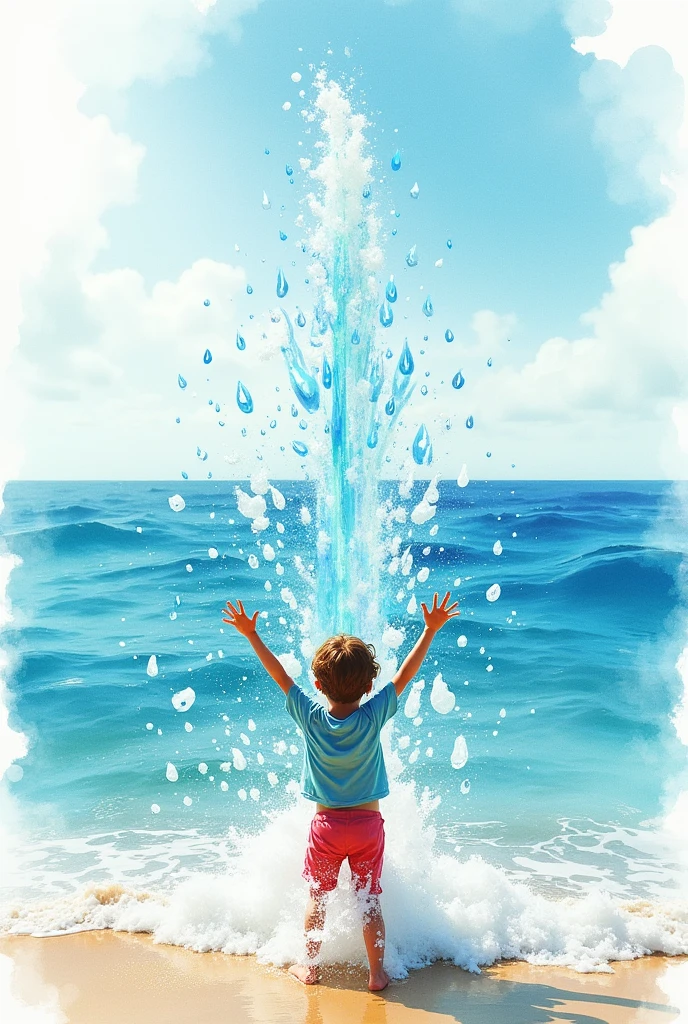 Drawing playing throwing water in the sea, watercolor style