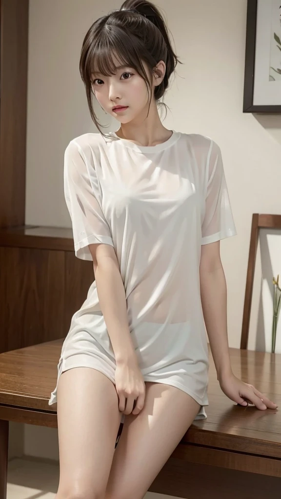 Japanese girl、Wearing only a white shirt、Sitting in a room、Clothes are see-through、ponytail、High resolution, masterpiece, Accurate, Anatomically correct, number々Awards for, 最高quality, Attention to detail, High resolutionモデル, 高quality, quality, Very detailed, Textured skin, 超High resolution, 8k octane,