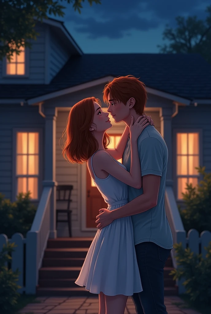 woman with just a little wavy dark orange hair upto her shoulders wearing a white dress and a man with comfortable clothes, about to kiss or kissing at the doorstep at night