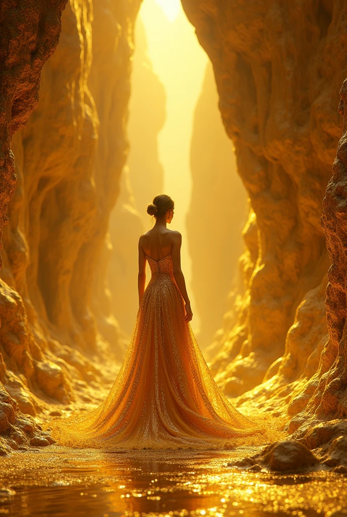 One can see a beautiful image of a living inside caves made of gold Men made of gold Build in the best possible way Create golden men Clarify and create the golden man Must be wearing a very magnificent golden dress