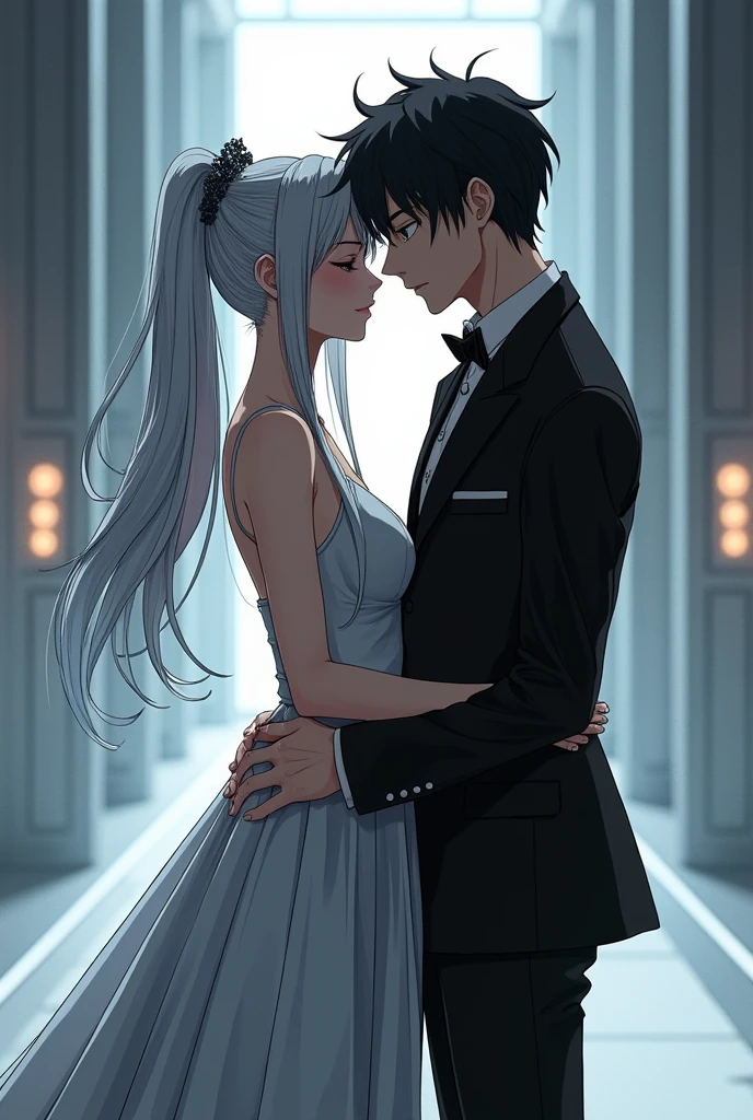 Sanakan and Cibo from Manga Blame! in a wedding dress), (sci-fi theme) Eyes staring at each other, suit black hair, dress striking silver hair, Futuristic atmosphere of the outfit A soft but bright light shines from above. Intimate and romantic atmosphere Highly detailed, exceptionally detailed, cinematic quality, emotionally charged scenes.