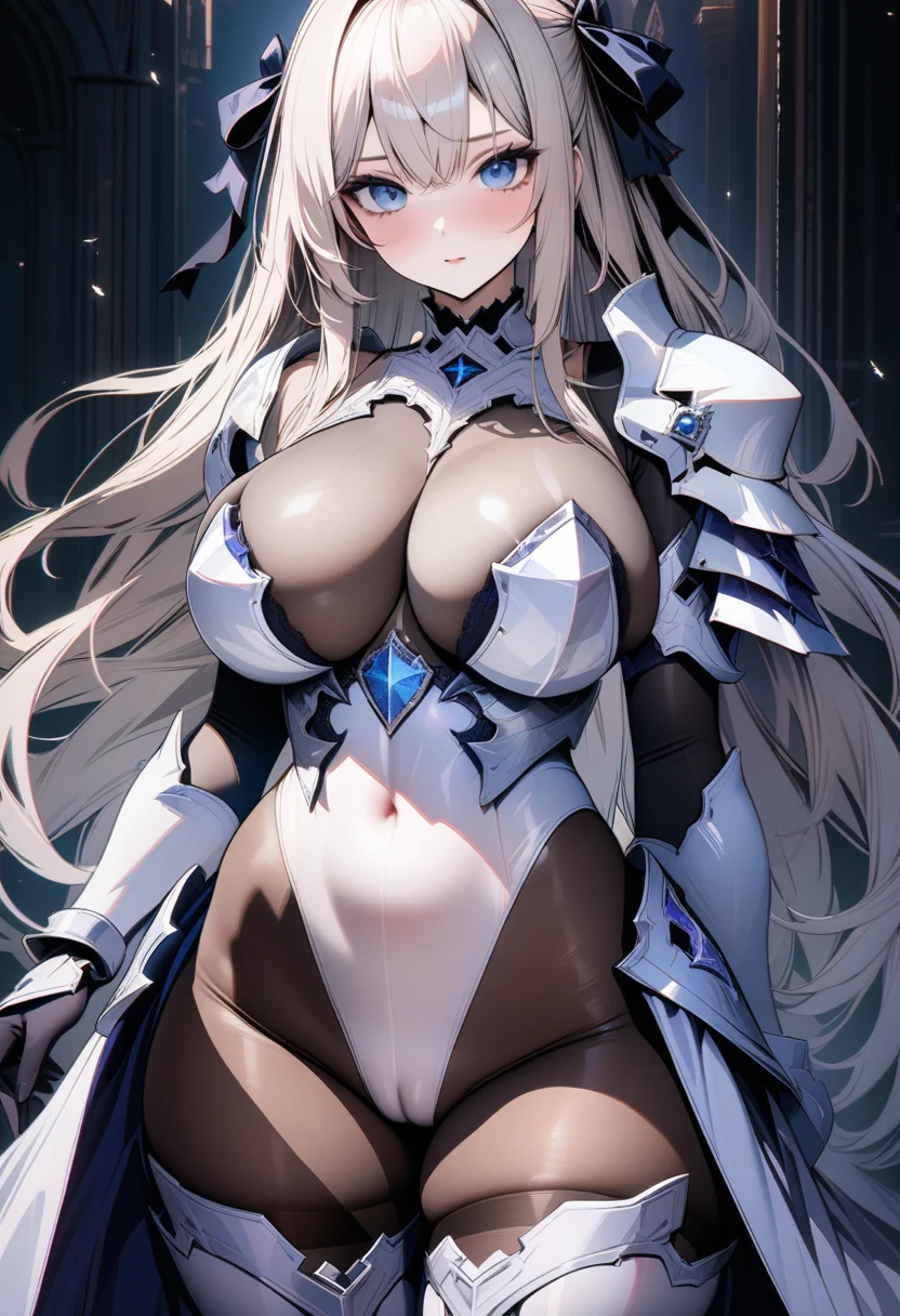 ((UHD)),((masterpiece)),((8k)),((solo)),1girl,Azur Lane,Fantasy art, ((white paladin armor)),(Skin-tight Investigator Bodystocking),((HIGHLEG LEOTARD:1.3)),(Armored Dress:1.3),(pauldron), ((gothic princess dress)), (pantyhose), (body stockings), CAMEL TOE, platinum blonde long hair,barrette,hair ribbon,large breasts,Perfect and beautiful blue eyes,curvy,Thigh-high sock,perfect face,accurate,high quality,extremely detailed,cowboy shot,anatomically correct,
