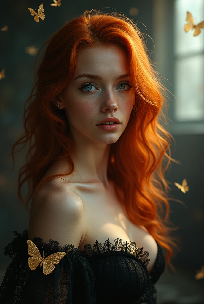 (solo, full body photo:1.3), (action packed:1.3), (haze, fog, mist:1.3), chiaroscuro, best quality, photorealistic, 1woman, (cute), (24yo:1.2), redhead, long ginger hair highly detailed, 1700'S, digital photography, art by artgerm and ruan jia and greg rutkowski surreal painting gold butterfly filigree, broken glass, (masterpiece, sidelighting, finely detailed Fashionable eyes: 1.2) (perfect oval large eyes that gazes at the viewer), beautiful detailed face, blue gorgeous perfect eyes, (blonde hair ponytail), (attractive young woman:1.3), (thick amazing hair), (seductive:1.1), (blushing:1.1)
