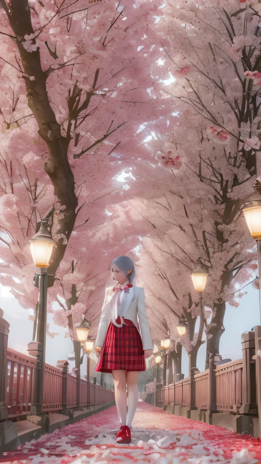 ((Girls standing on a row of cherry blossom trees)),top quality work,Real work,Ultra premium graphics,8K HD CG Works,high quality graphics,High-definition CG works,10x pixels,super fine details:1.1,Advanced technical details:1.1Photo-realistic,indoor lighting effects:1.5,Natural light:1.5. light effect(virtual light effect:1.8),超A high resolution,shiny red dress,長いsilver hair,silver hair,transparent hair,high detail hair(premium hair detail:1.1)clear eyes,beautiful double eyelids,sharp eye makeup, delicate eyelash makeup, thin eyebrows, highly detailed eyes,high nose, nice red lips, rose cheeks, A face with delicate makeup , cute face, perfectly proportioned face,(Advanced facial details:1.1),shiny,Wonderful dress,bright red series,(white blazer) 、(white blouse)、(red bow tie)、(checked skirt)、(My skirt flies up in the wind)、white panties are visible、girls school uniform、photo shoot,woman'artwork of,full body figure,Realism,wonderful,My eyes are shining today、(smile),(Cherry blossom petals are dancing)、((In a blizzard of flowers))、(smile),