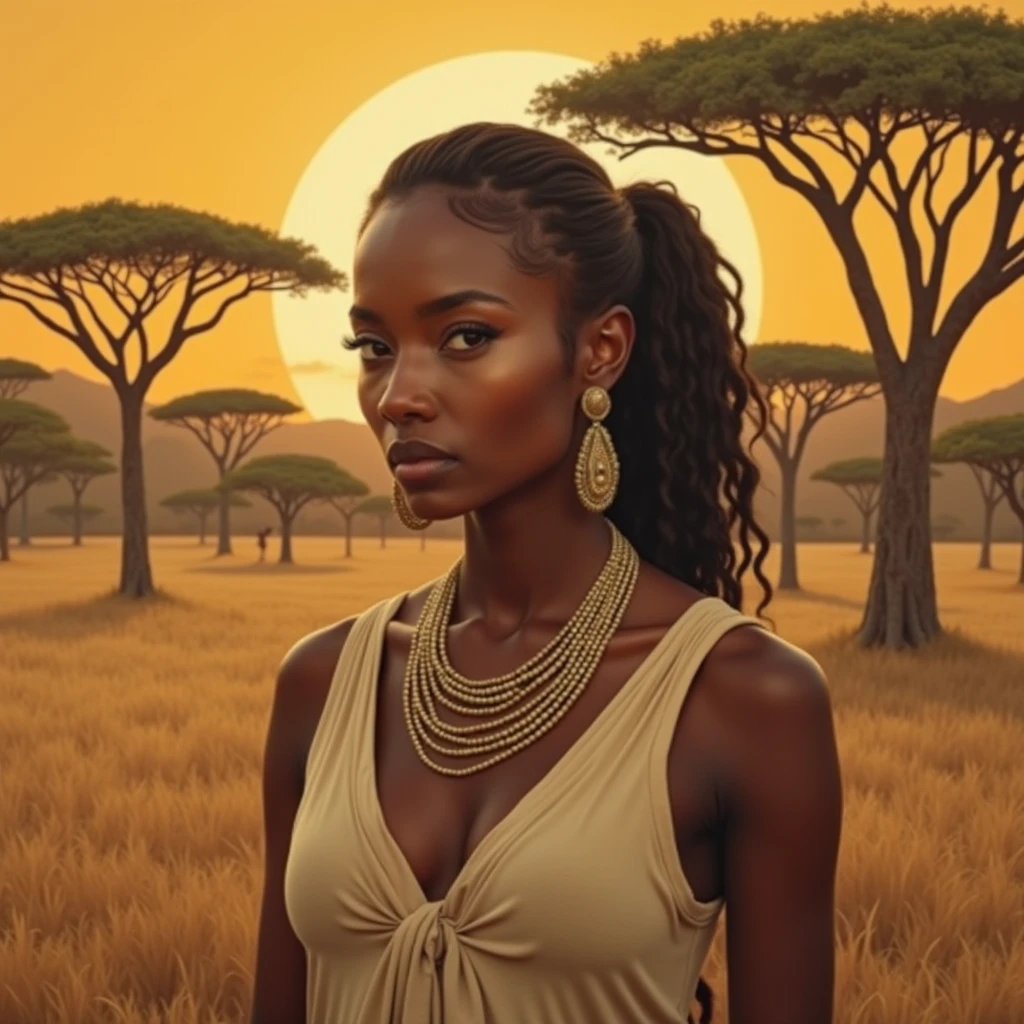 Fully nude black woman in artistic style with focus on the vagina area, thick thighs,small breasts sample in the savannah