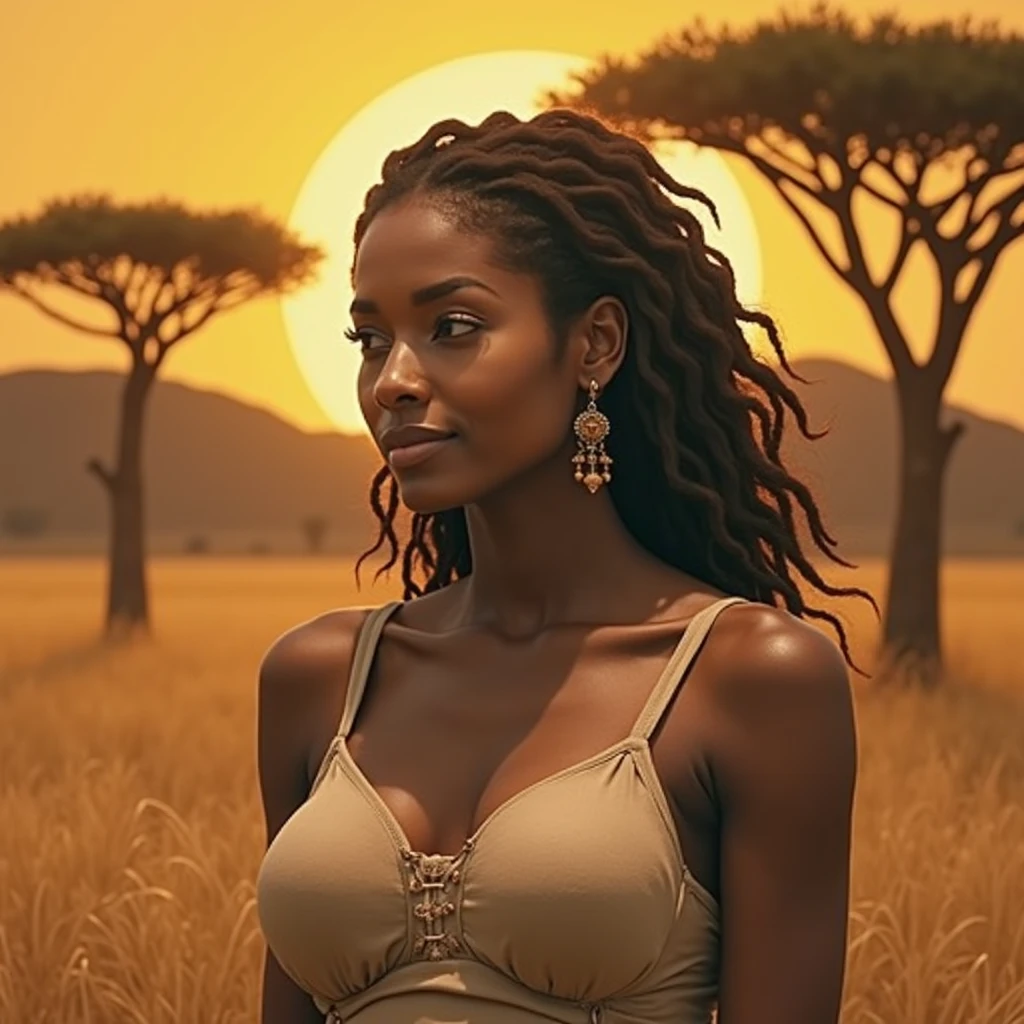 Fully nude black woman in artistic style with focus on the vagina area, thick thighs,small breasts sample in the savannah 