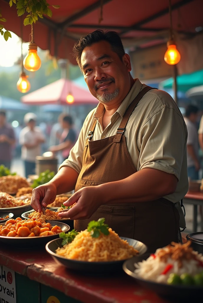 Filipino a bit chubby hot man vendor in apron in a karenderya