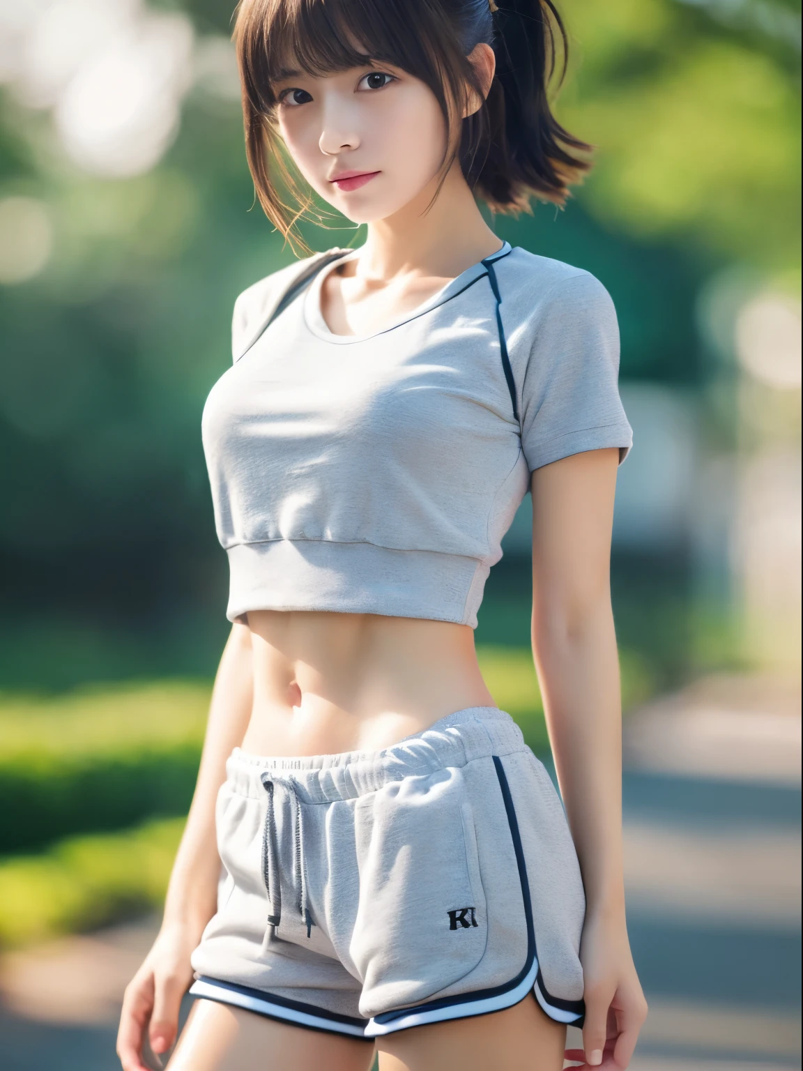 (8k, Top quality, Masterpiece:1.2), (Realistic, photo-realistic:1.37), Super detailed, perfect anatomy, cute, small eyes, 1, a Japanese, girl, sweat shorts, slim legs, outdoor,