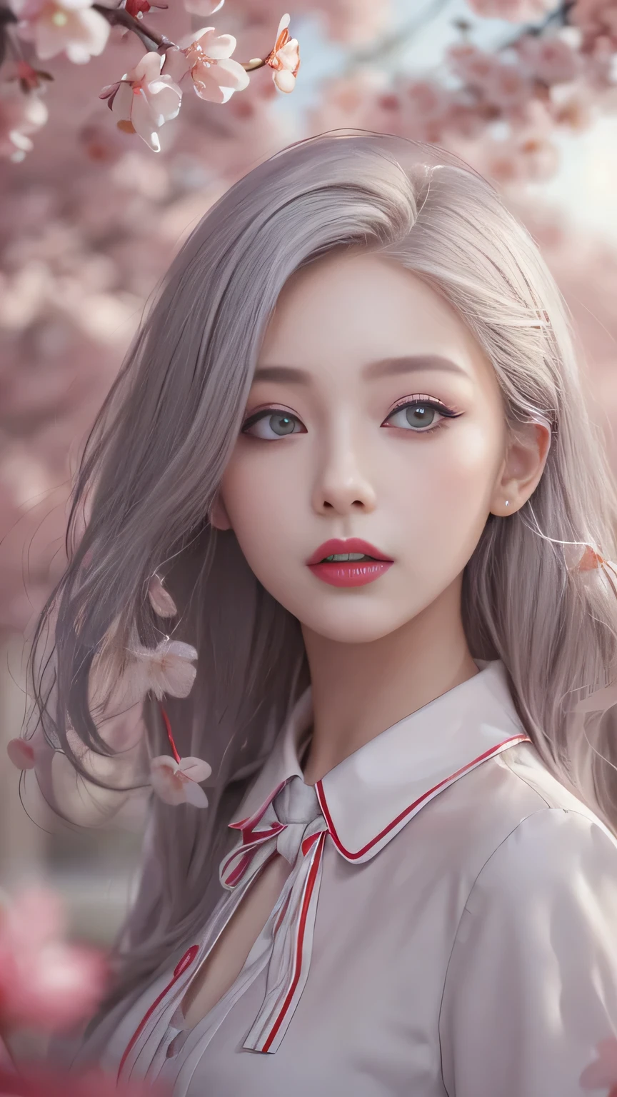 ((Girls standing on a row of cherry blossom trees)),top quality work,Real work,Ultra premium graphics,8K HD CG Works,high quality graphics,High-definition CG works,10x pixels,super fine details:1.1,Advanced technical details:1.1Photo-realistic,indoor lighting effects:1.5,Natural light:1.5. light effect(virtual light effect:1.8),超A high resolution,shiny red dress,長いsilver hair,silver hair,transparent hair,high detail hair(premium hair detail:1.1)clear eyes,beautiful double eyelids,sharp eye makeup, delicate eyelash makeup, thin eyebrows, highly detailed eyes,high nose, nice red lips, rose cheeks, A face with delicate makeup , cute face, perfectly proportioned face,(Advanced facial details:1.1),shiny,Wonderful dress,bright red series,(white blazer) 、(white blouse)、(red bow tie)、(checked skirt)、(My skirt flies up in the wind)、white panties are visible、girls school uniform、photo shoot,woman'artwork of,full body figure,Realism,wonderful,My eyes are shining today、(smile),(Cherry blossom petals are dancing)、((In a blizzard of flowers))、(smile),