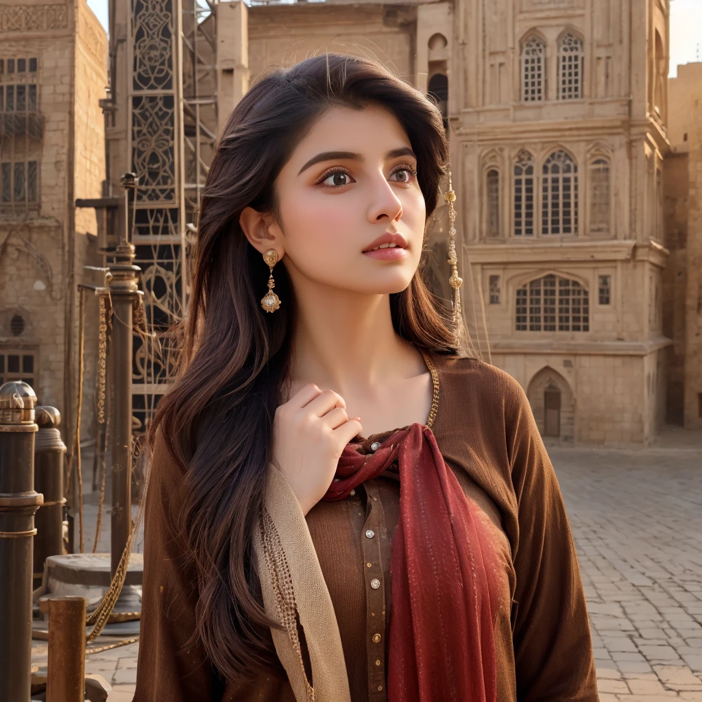 A Wanna A Realistic Picture Of Human Girl Who Is Exact Replica Of ayeza khan and skin fair and he is standing on clock tower karachi