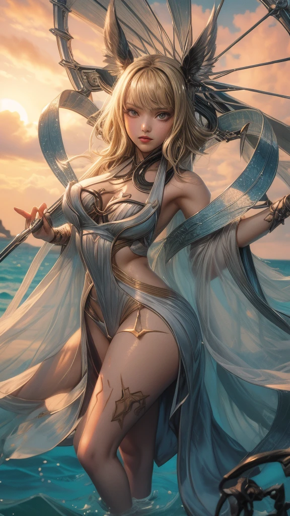 (maximum resolution: 1.2), (Ultra HDTV: 1.2), 8K resolution, Eye and skin detail, detailed facial features, , ( Sharp focus: 1.2), (Focus focus) exact) facial expression: 1.2), Girl sitting, ( monoglass), (Swimsuit), Bikini, (long hair), Blonde, (Beach), Sea water, Sand, Sunlight, Many coconut trees around.