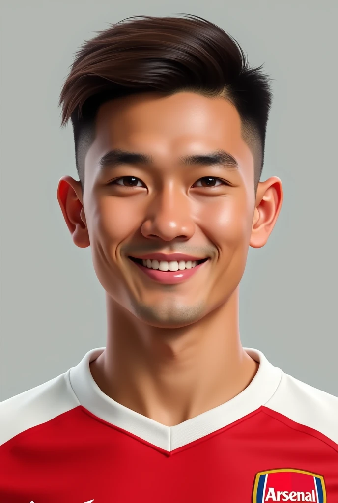 male, 2, edgar cut hair, brown hair, Indonesian face, facing forward, half body photo, white skin, brown eyes, handsome, thick eyebrows, wearing Arsenal Jersey.