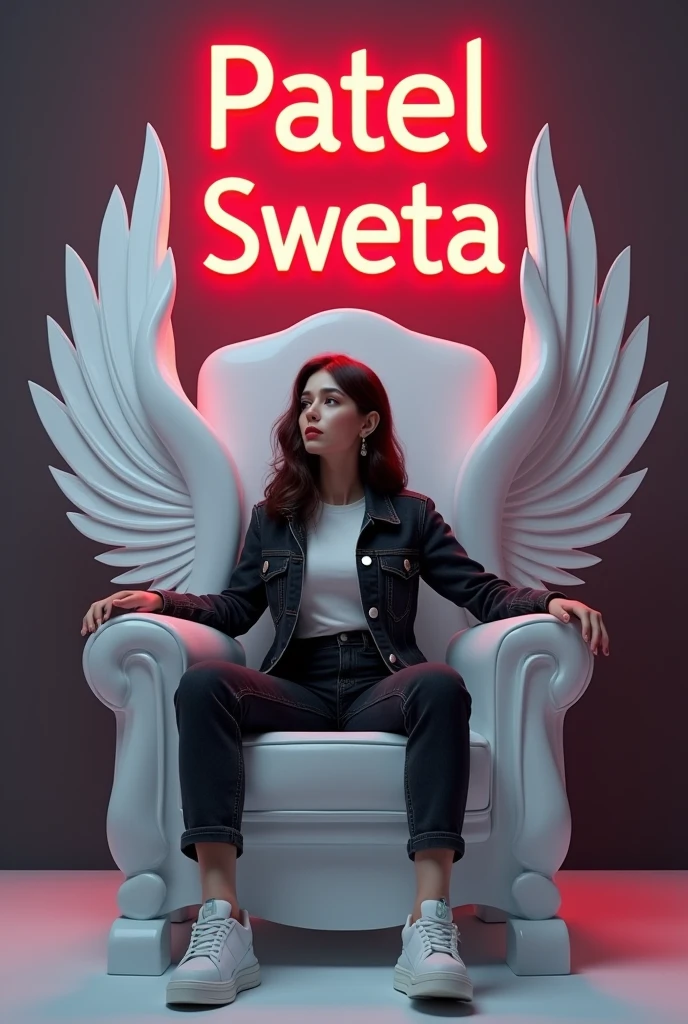 Create a 3D illustration for a profile picture where a smart girl in a black denim sitting casually on a King of Beasts Throne big and white chair. Wearing sneakersm He looks left side. The Background features “patel sweta ” in big and small letters red neon light fonts on the dark grey wall. There should not be his shadow, and there are bigs wings in white to make it appear as