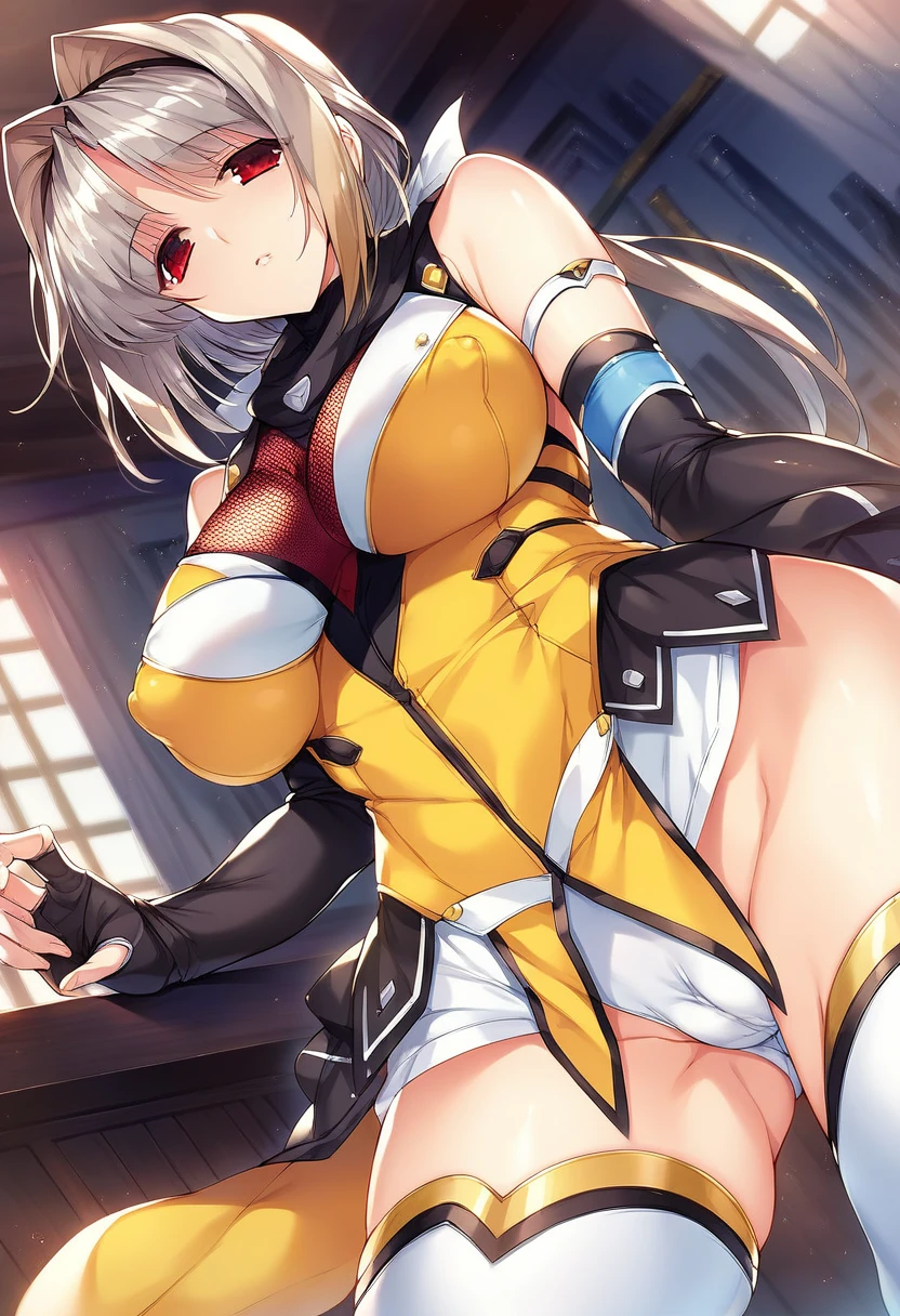 12k,masterpiece, Highest quality, Anime Style,Official Art Beautiful Lighting, 1 girl, bangs, (Inside the futuristic base:1.4), , masterpiece,Noise Reduction,Perfect Anatomy,High resolution, Very detailed,Game CG,Dutch Angle ,Beautiful attention to detail,Visual Arts,Five Fingers, Perfect hands, Perfect lighting,(Camel Toe:1.3),(Red eyes:1.4),(((silver hair:1.6))),takamori haruka,(Emotionless and blank:1.4),(Emotionless eyes:1.3),(Erect nipples)