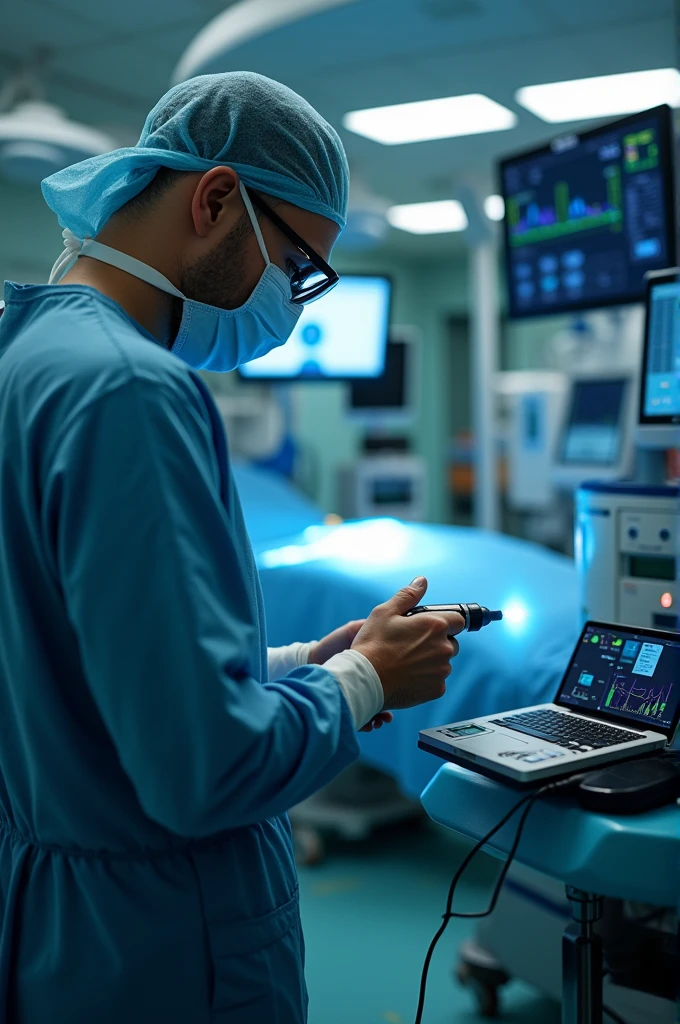 An image illustrating a modern surgical environment, focusing on a surgeon using an electric scalpel. The scalpel should be emitting a small blue spark, indicating that it is active. No fundo, you can see an operating table with high-tech medical equipment, such as vital signs monitors and an anesthesia machine.